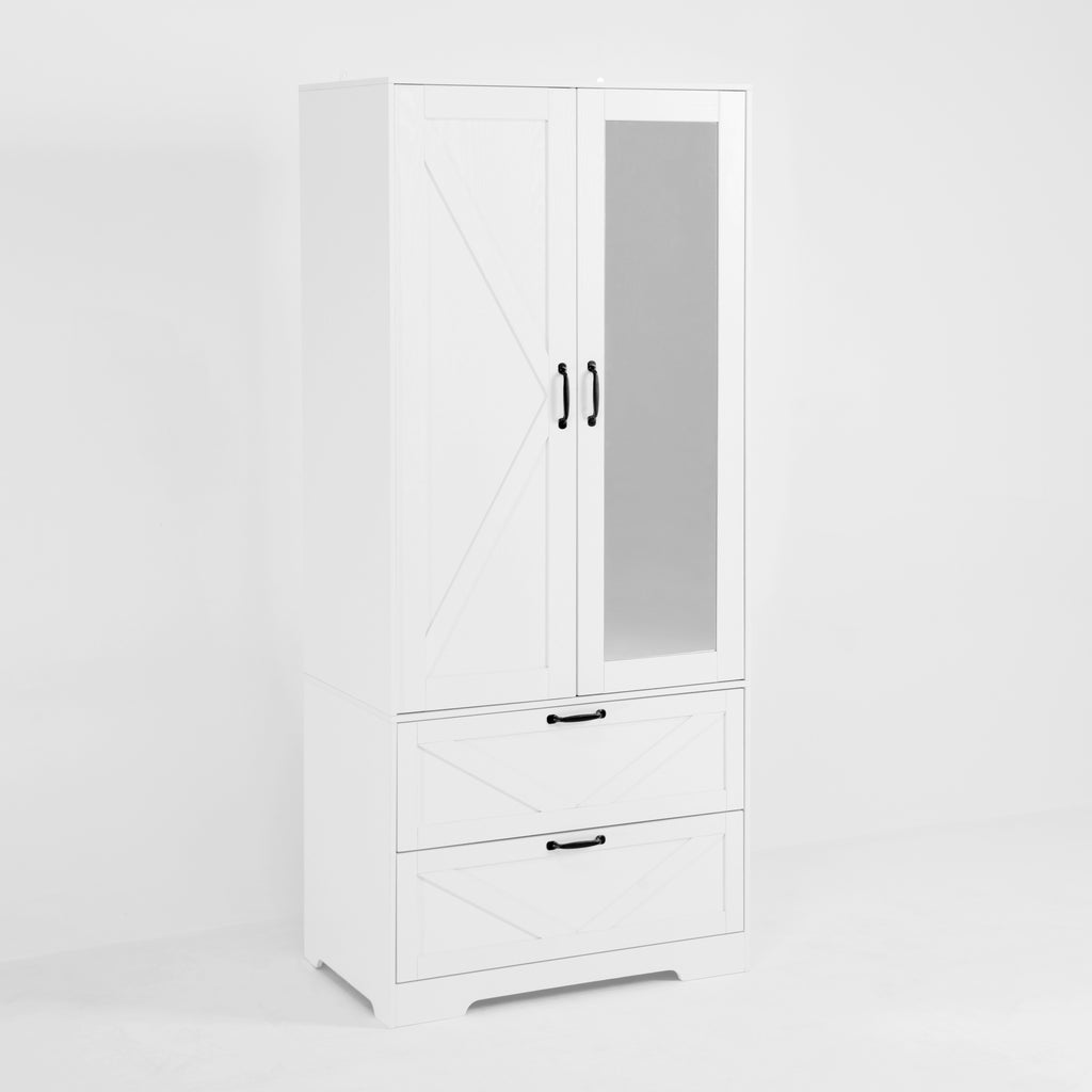 2 Door Wood Wardrobe for Bedroom with Hanging Clothing Rod inside the Cabinet and 2 Drawers for Storage Organization, Built-in induction light Multifunctional Closet with Mirror, White - Grand Goldman Shop