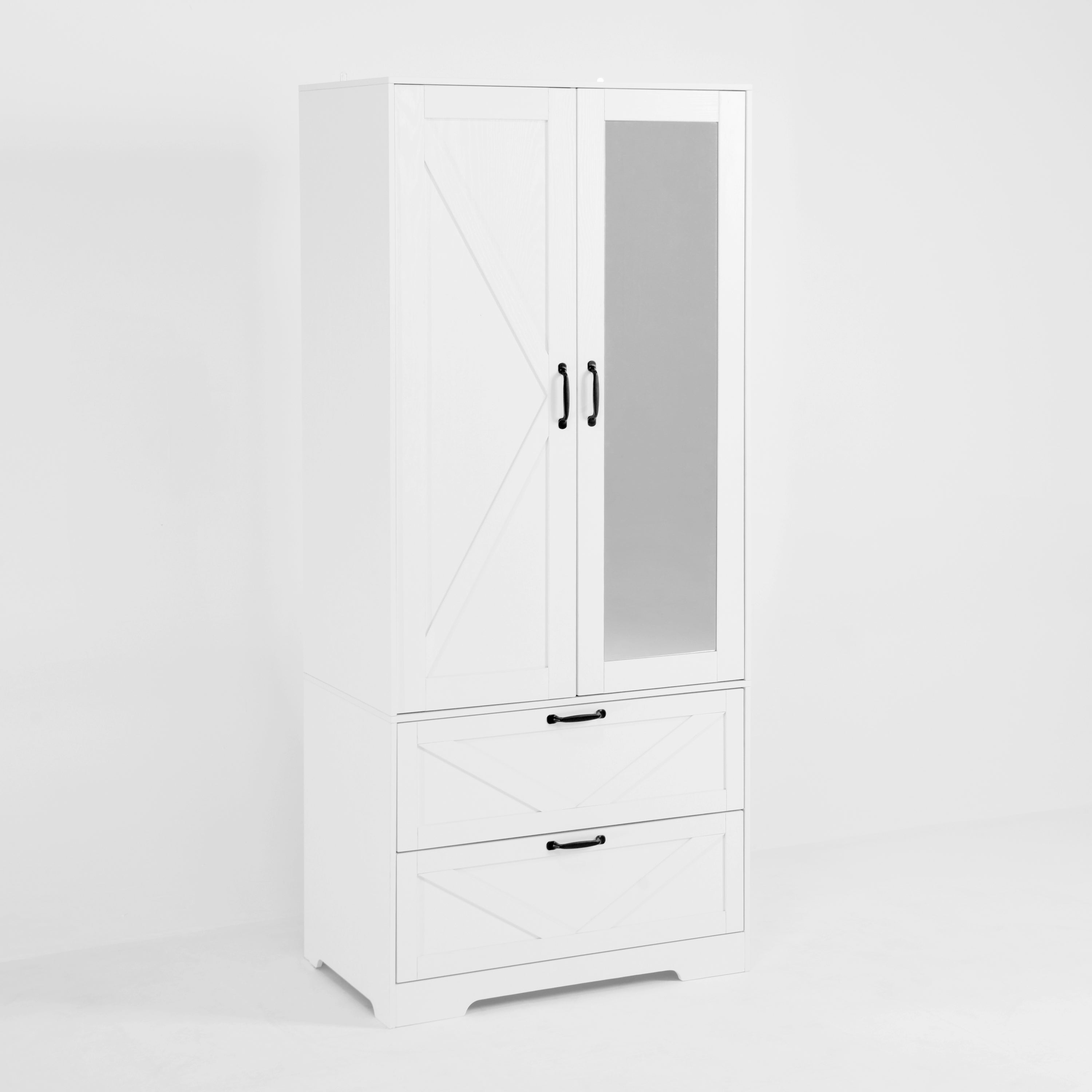 2 Door Wood Wardrobe for Bedroom with Hanging Clothing Rod inside the Cabinet and 2 Drawers for Storage Organization, Built-in induction light Multifunctional Closet with Mirror, White - Grand Goldman Shop