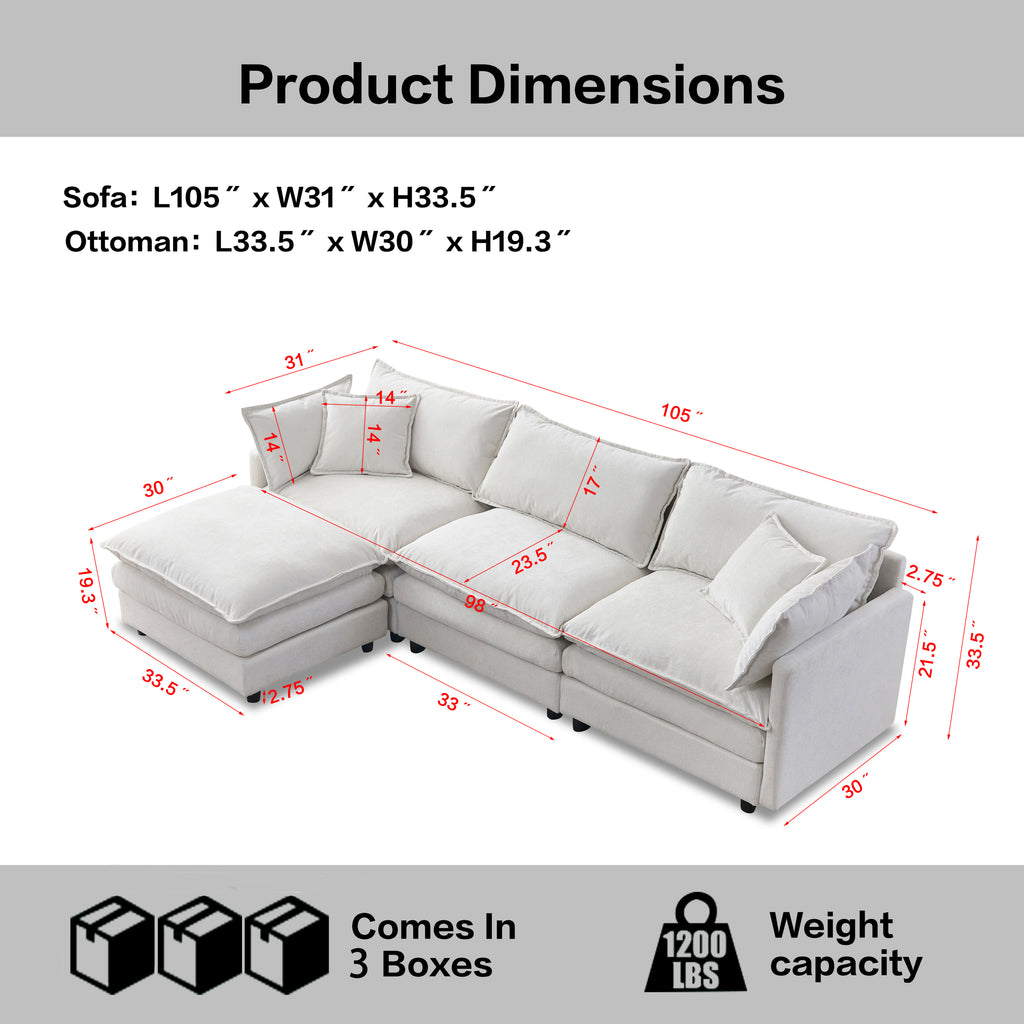 105' Modular Sectional Couch,Upholstered Soft Chenille Fabric Sofa,3 Seater with Ottoman L Shape Sofa Beige - Grand Goldman Shop