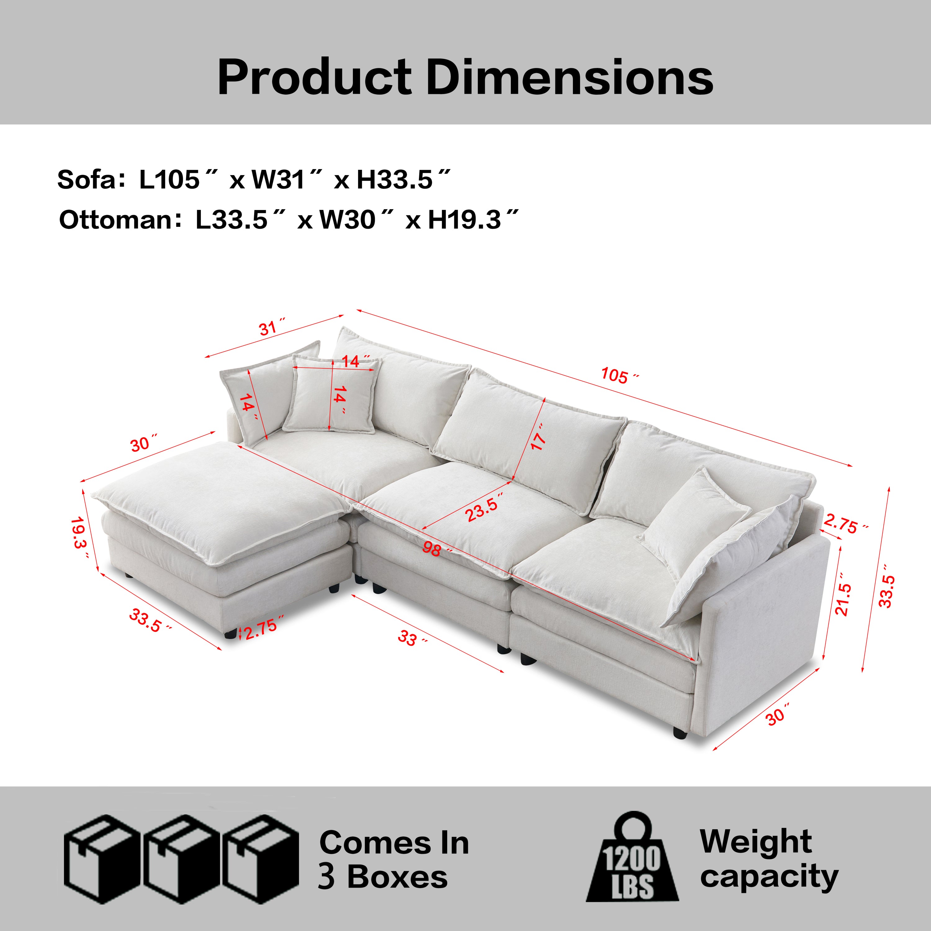 105' Modular Sectional Couch,Upholstered Soft Chenille Fabric Sofa,3 Seater with Ottoman L Shape Sofa Beige - Grand Goldman Shop