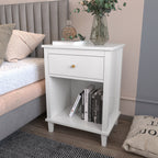 26.77''H White Wooden Nightstand with One Drawer and Shelf, Golden Handle, MDF Construction for Kids and Adults - Grand Goldman Shop