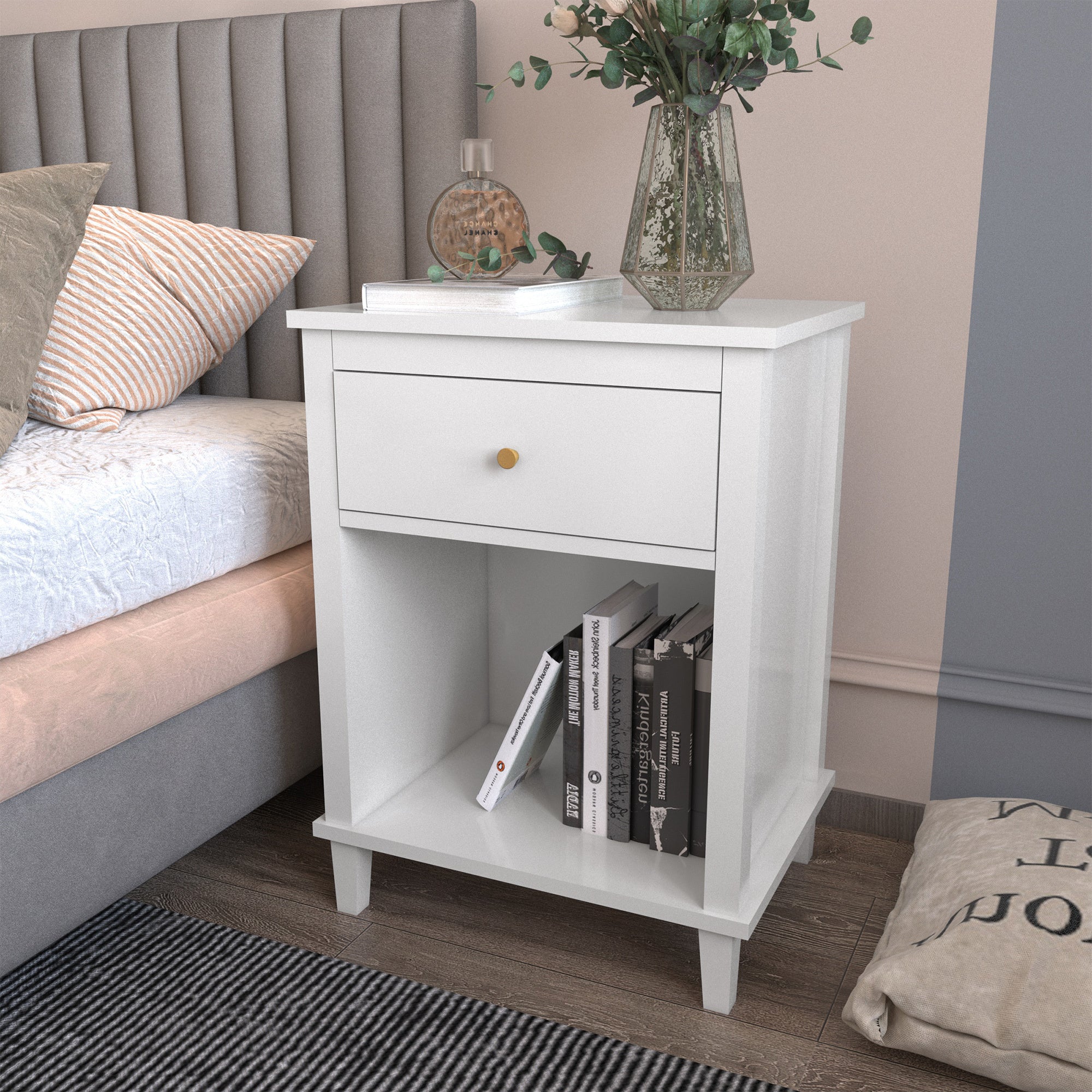 26.77''H White Wooden Nightstand with One Drawer and Shelf, Golden Handle, MDF Construction for Kids and Adults - Grand Goldman Shop