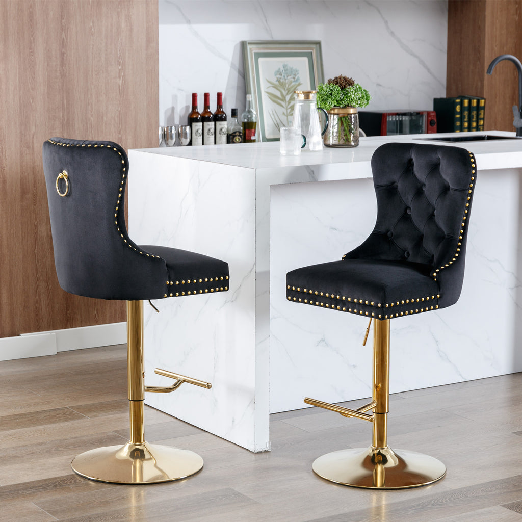 A&A Furniture Modern Swivel Velvet Barstools with Adjustable Seat Height, Comfortable Black Tufted Upholstery, Set of 2 - Grand Goldman Shop