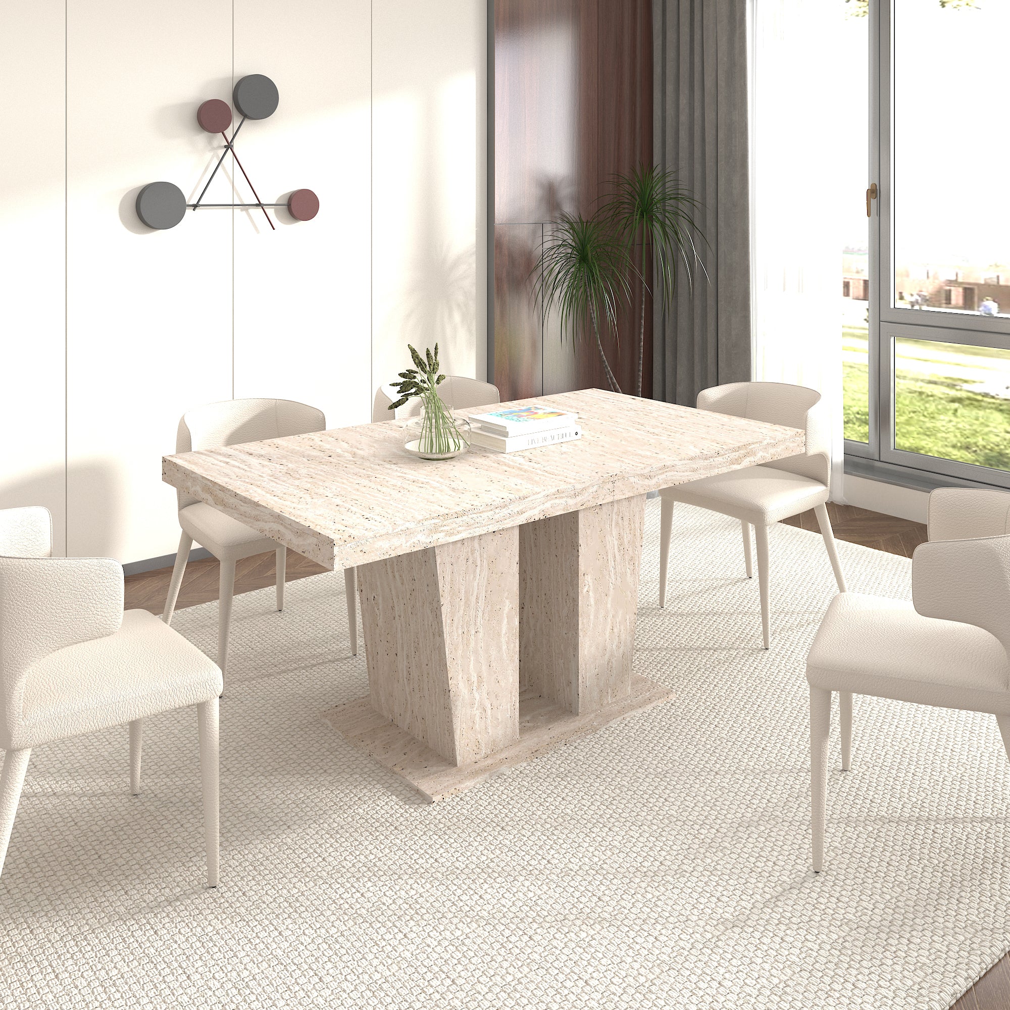 Rectangular extendable dining table, suitable for 6-10 people, with veined travertine pattern, dimensions 160-200 cm, simple and elegant. - Grand Goldman Shop