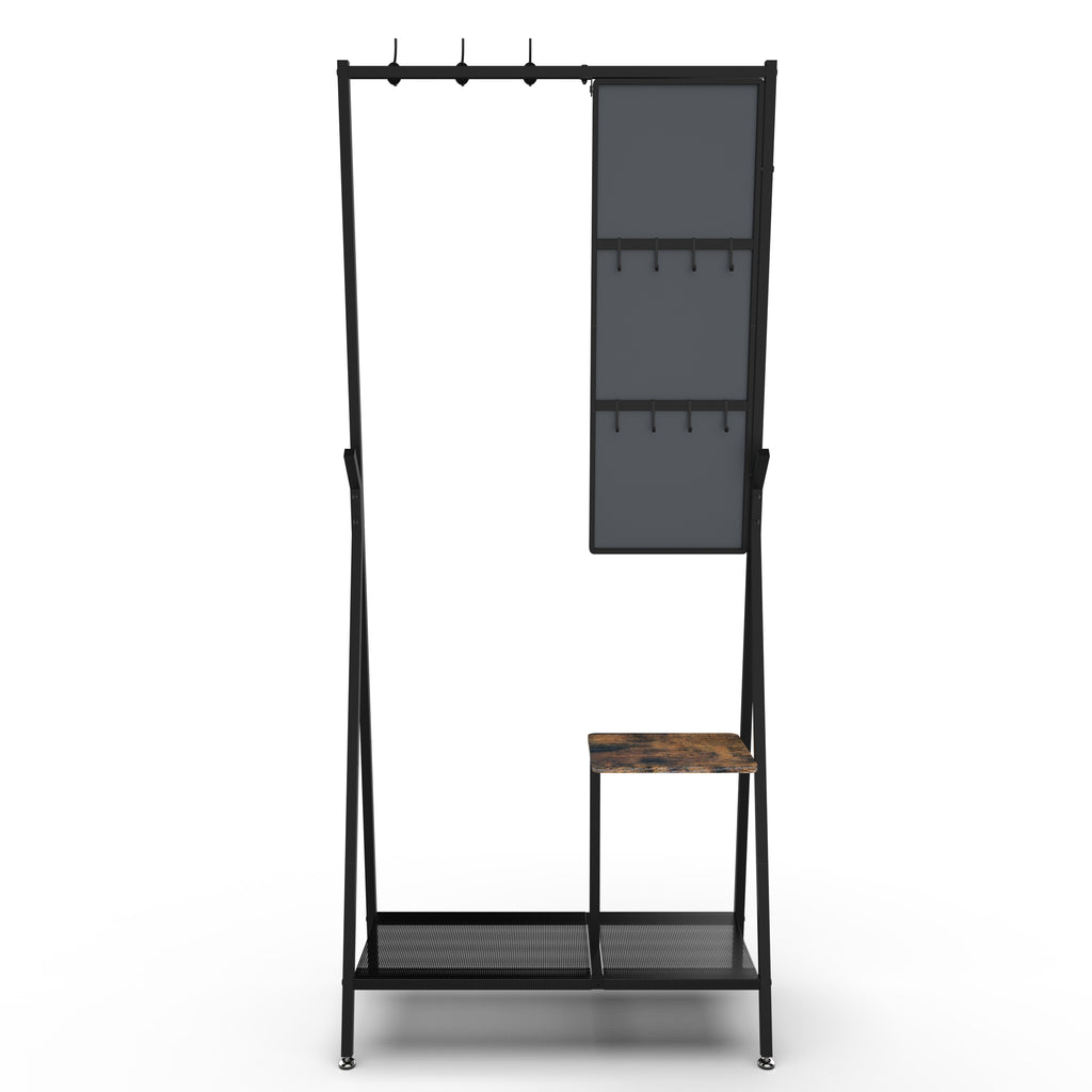 Coat Rack with Mirror, Multifunctional Hall Tree with Shoe Storage, Metal Frame, for Living Room Bedroom 73x32x15 Inches, Industrial Style, Rustic Brown and Black - Grand Goldman Shop
