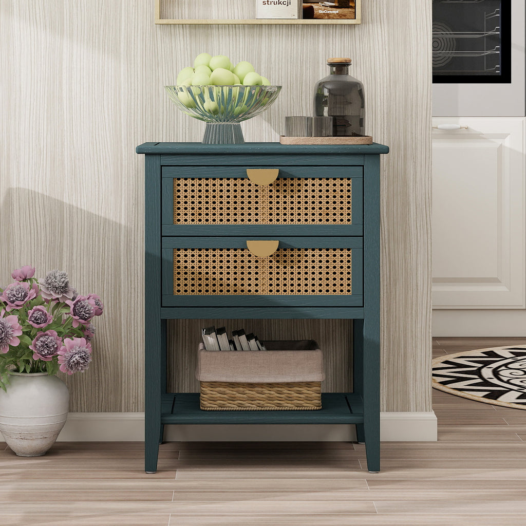 2-Drawer Side Table - Natural Rattan - End Table - Suitable for Bedroom, Living Room, or Study - Green MDF - Grand Goldman Shop