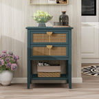 2-Drawer Side Table - Natural Rattan - End Table - Suitable for Bedroom, Living Room, or Study - Green MDF - Grand Goldman Shop