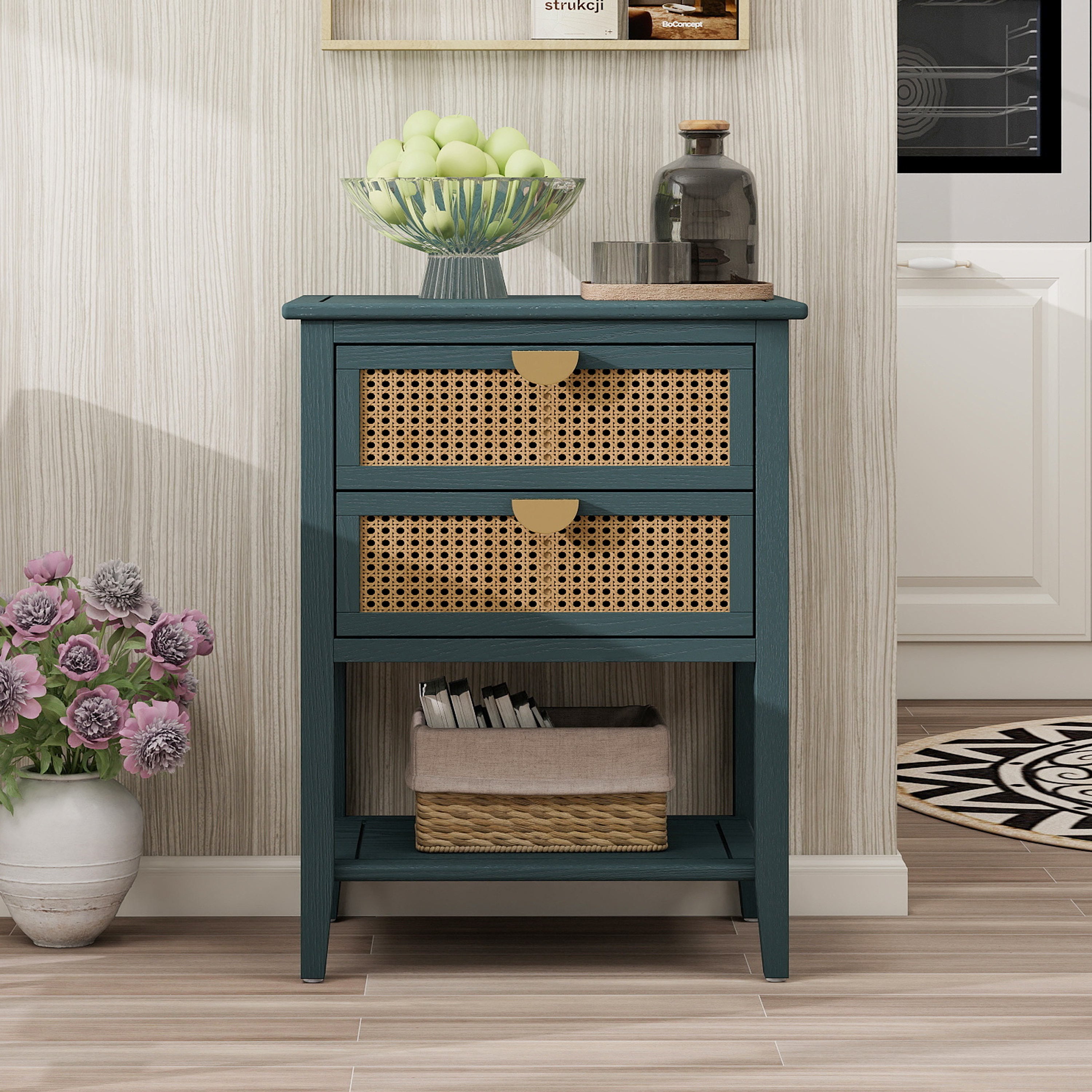 2-Drawer Side Table - Natural Rattan - End Table - Suitable for Bedroom, Living Room, or Study - Green MDF - Grand Goldman Shop