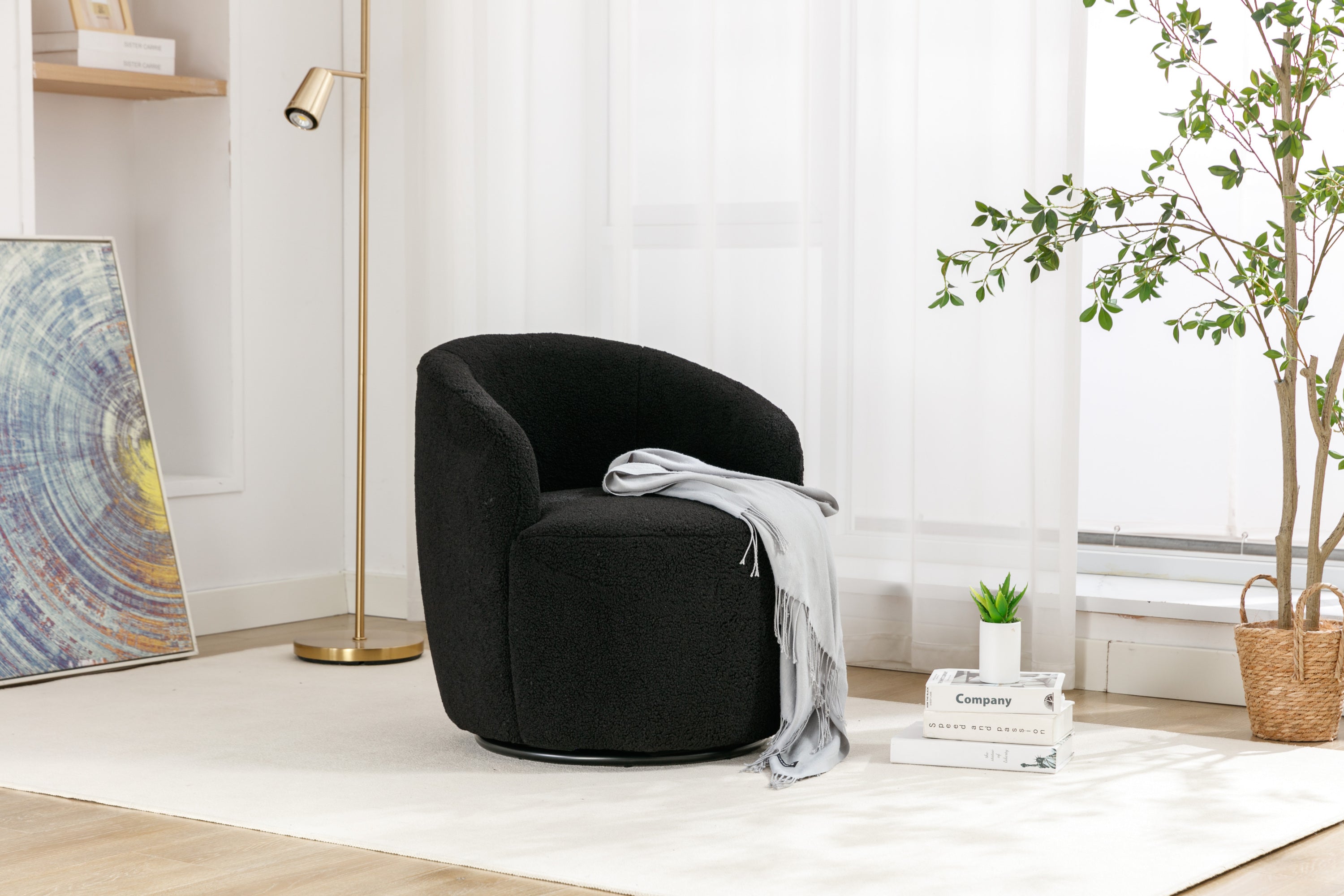 Teddy Fabric Swivel Accent Armchair Barrel Chair With Black Powder Coating Metal Ring,Black - Grand Goldman Shop
