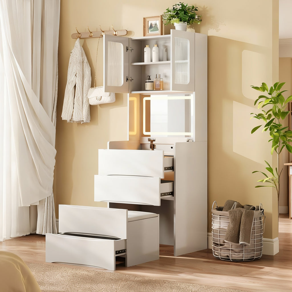 3-in-1 Vanity Table with LED Mirror & Storage Stool, Flip Top Makeup Dressing Table with Adjustable Lights, 5 Storage Spaces Cosmetic Organizer for Bedroom - Grand Goldman Shop