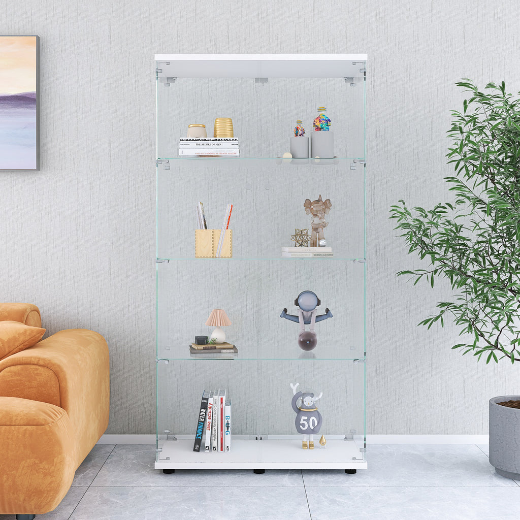 Two-door Glass Display Cabinet 4 Shelves with Door, Floor Standing Curio Bookshelf for Living Room Bedroom Office, 64.7'*31.7