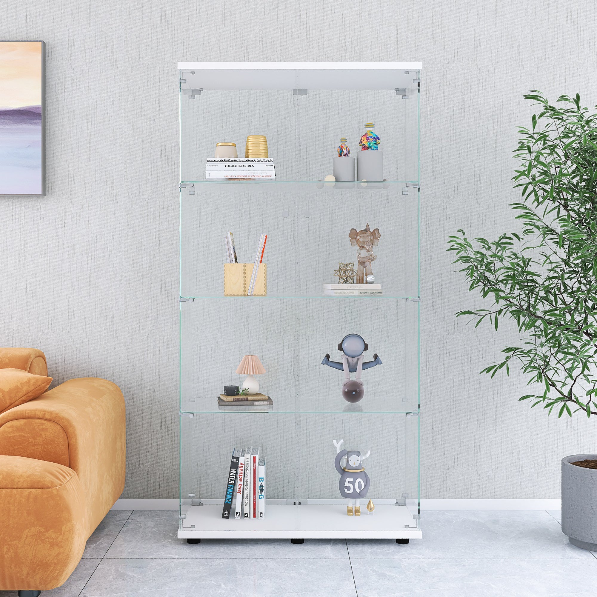Two-door Glass Display Cabinet 4 Shelves with Door, Floor Standing Curio Bookshelf for Living Room Bedroom Office, 64.7'*31.7