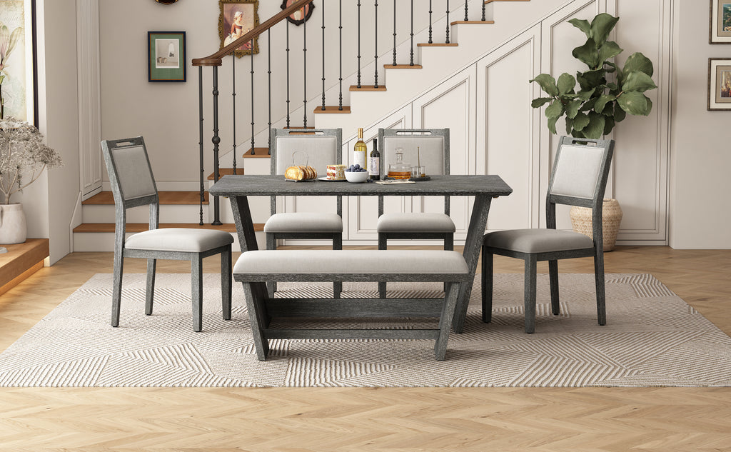 TREXM 6-Piece Retro Dining Table Set for 6, 60' Wood Kitchen Table and Chairs Set of 4 with Bench Designed Trestle Base for kitchen & Dining Room (Gray) - Grand Goldman Shop