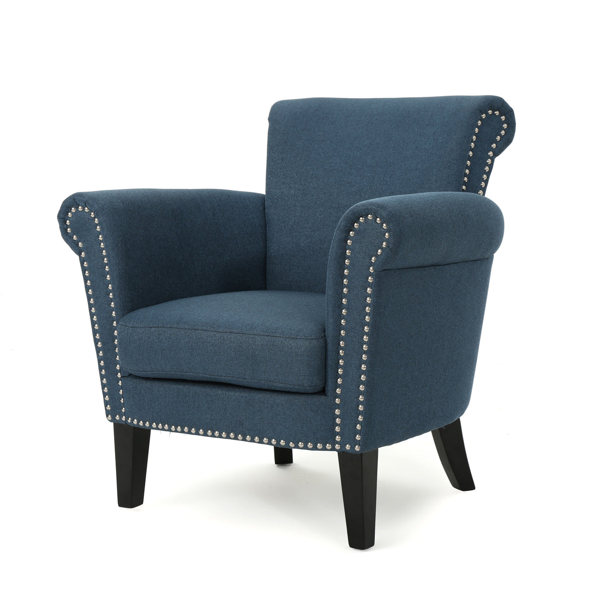 Elegant Navy Blue Fabric Club Chair with Nailhead Trim and Birch Wood Legs - Grand Goldman Shop