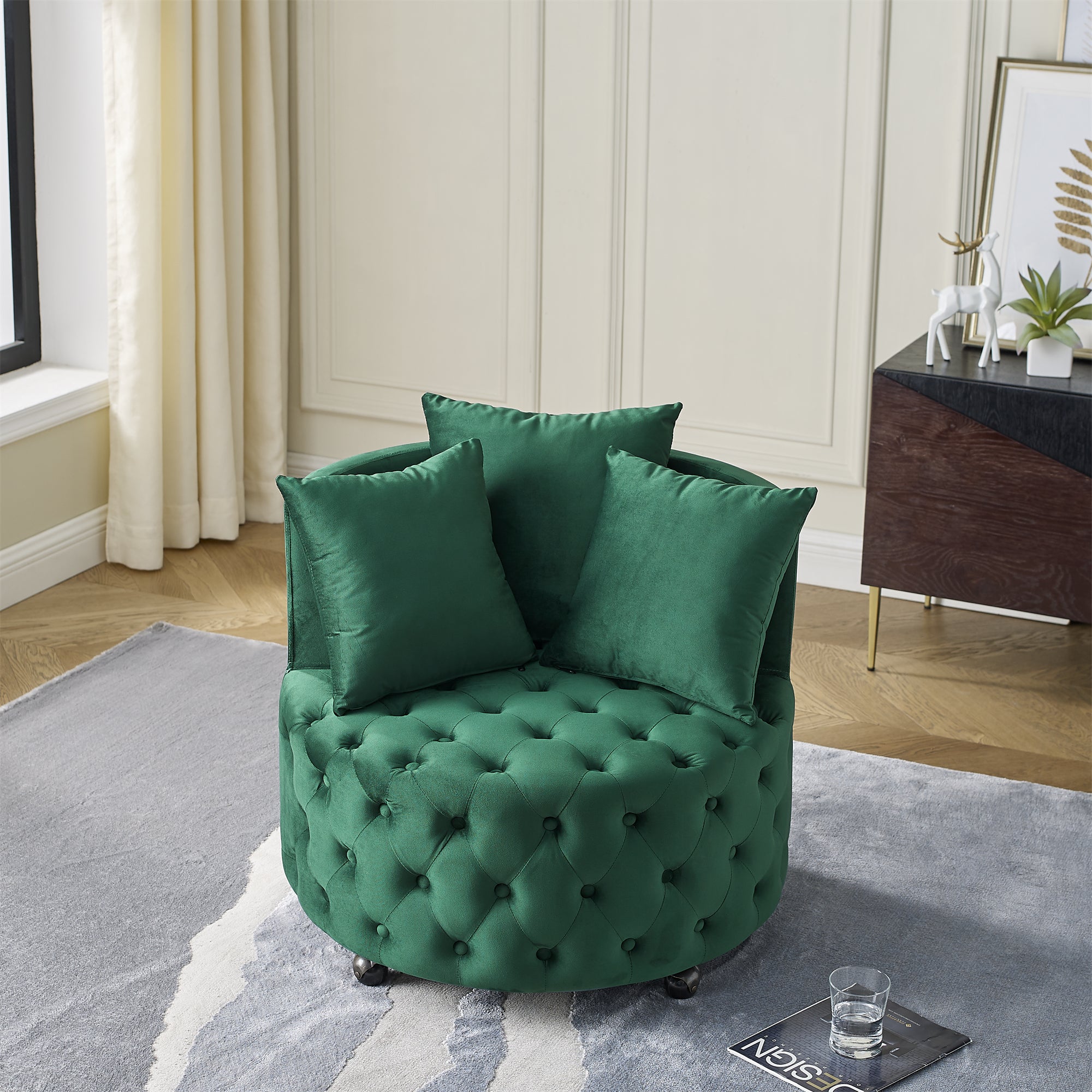 Modern Glam Velvet Upholstered Swivel Chair with Button Tufted Design and Wheels, Green - Grand Goldman Shop