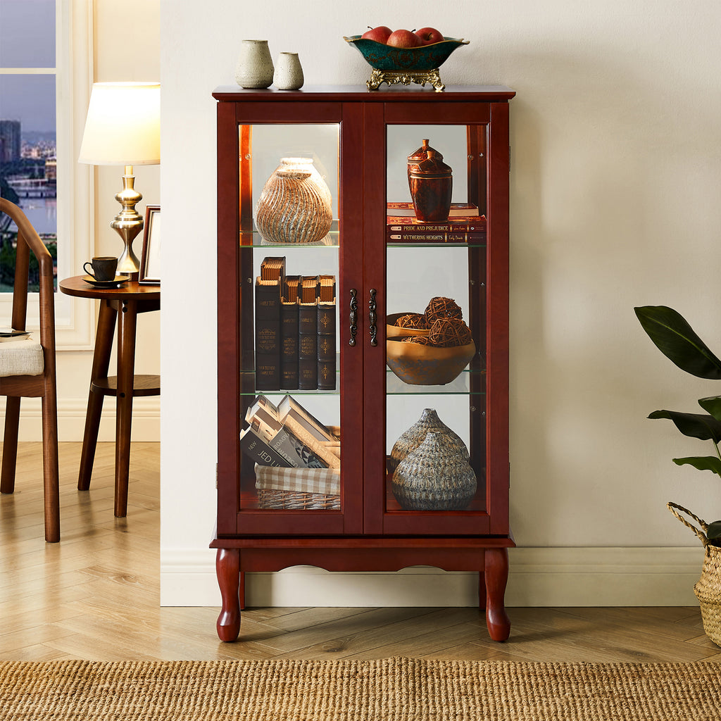 Lighted Curio Cabinet with Adjustable Shelves, Mirrored Back Panel, and Tempered Glass Doors, 3-Tier Cherry Finish - Grand Goldman Shop