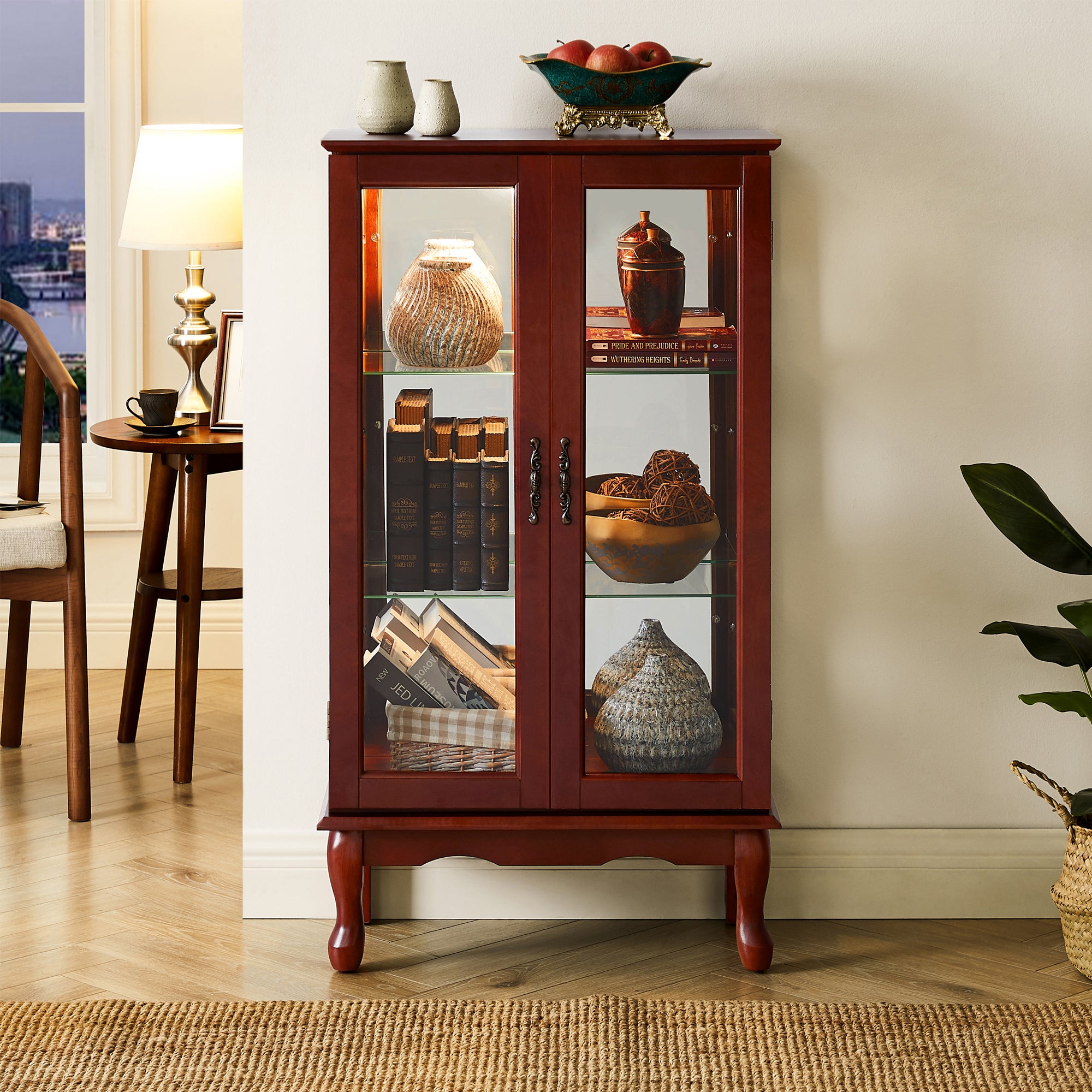 Lighted Curio Cabinet with Adjustable Shelves, Mirrored Back Panel, and Tempered Glass Doors, 3-Tier Cherry Finish - Grand Goldman Shop