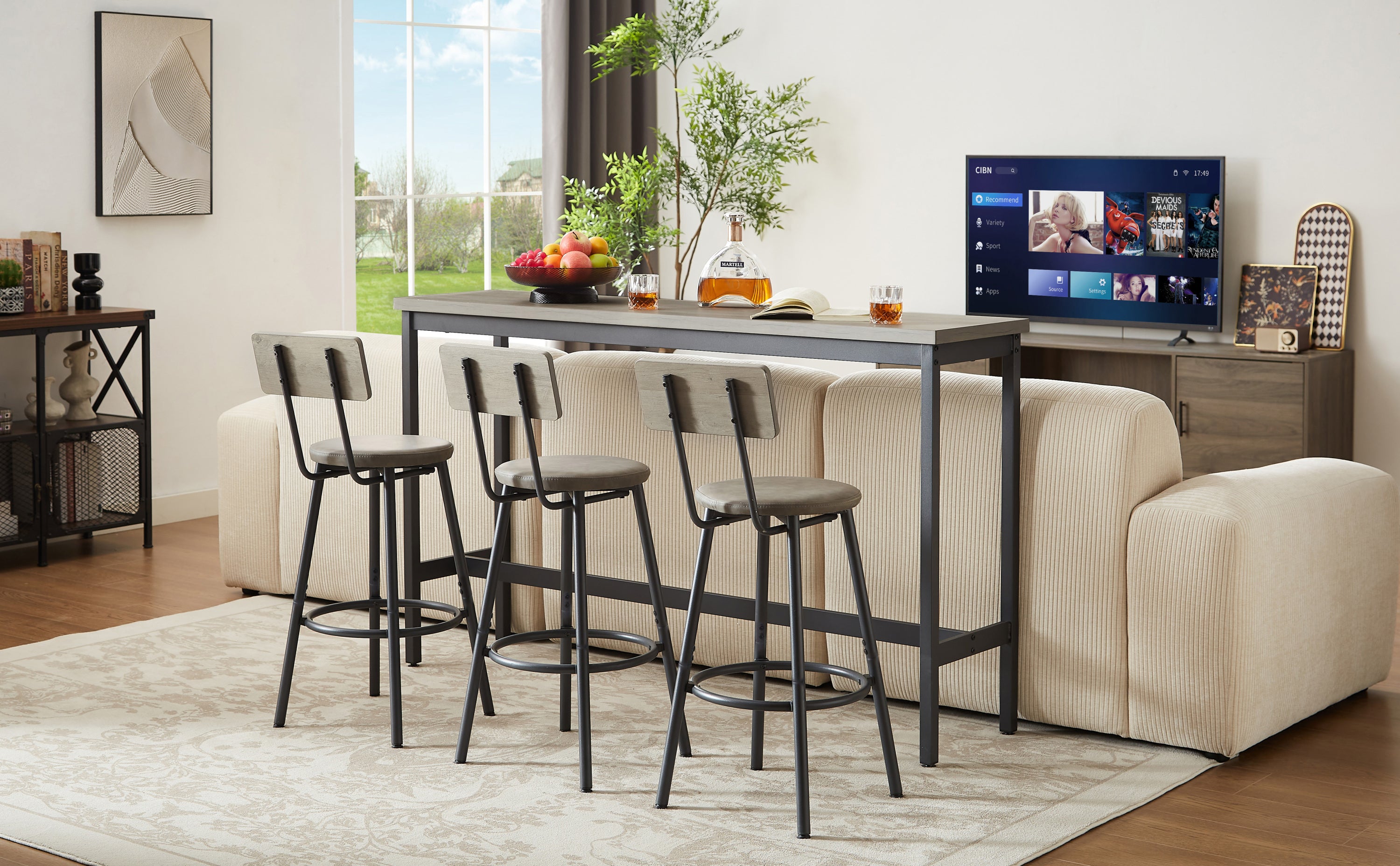 Long Bar Table Set with 3 PU Upholstered Bar Stools, Industrial Bar Table and Chairs for Kitchen Breakfast Table, Living Room, Banquet Hall, Rustic Gray and Black, 63″L x15.7'W x 37.5'H - Grand Goldman Shop