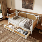 Traditional Style Rattan Twin Size Daybed with 2 Drawers, Antique White, Solid Pine Wood & MDF - Grand Goldman Shop