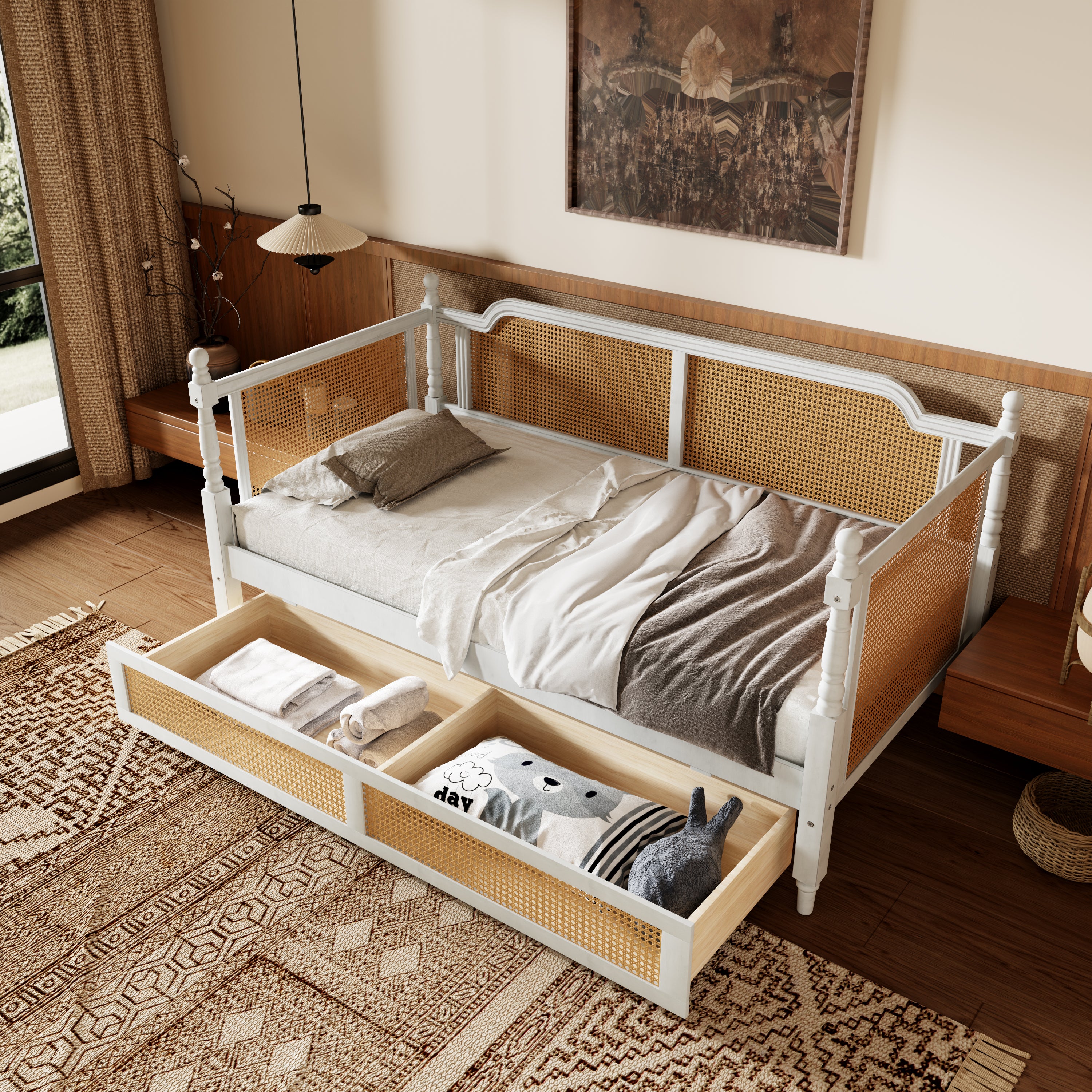 Traditional Style Rattan Twin Size Daybed with 2 Drawers, Antique White, Solid Pine Wood & MDF - Grand Goldman Shop