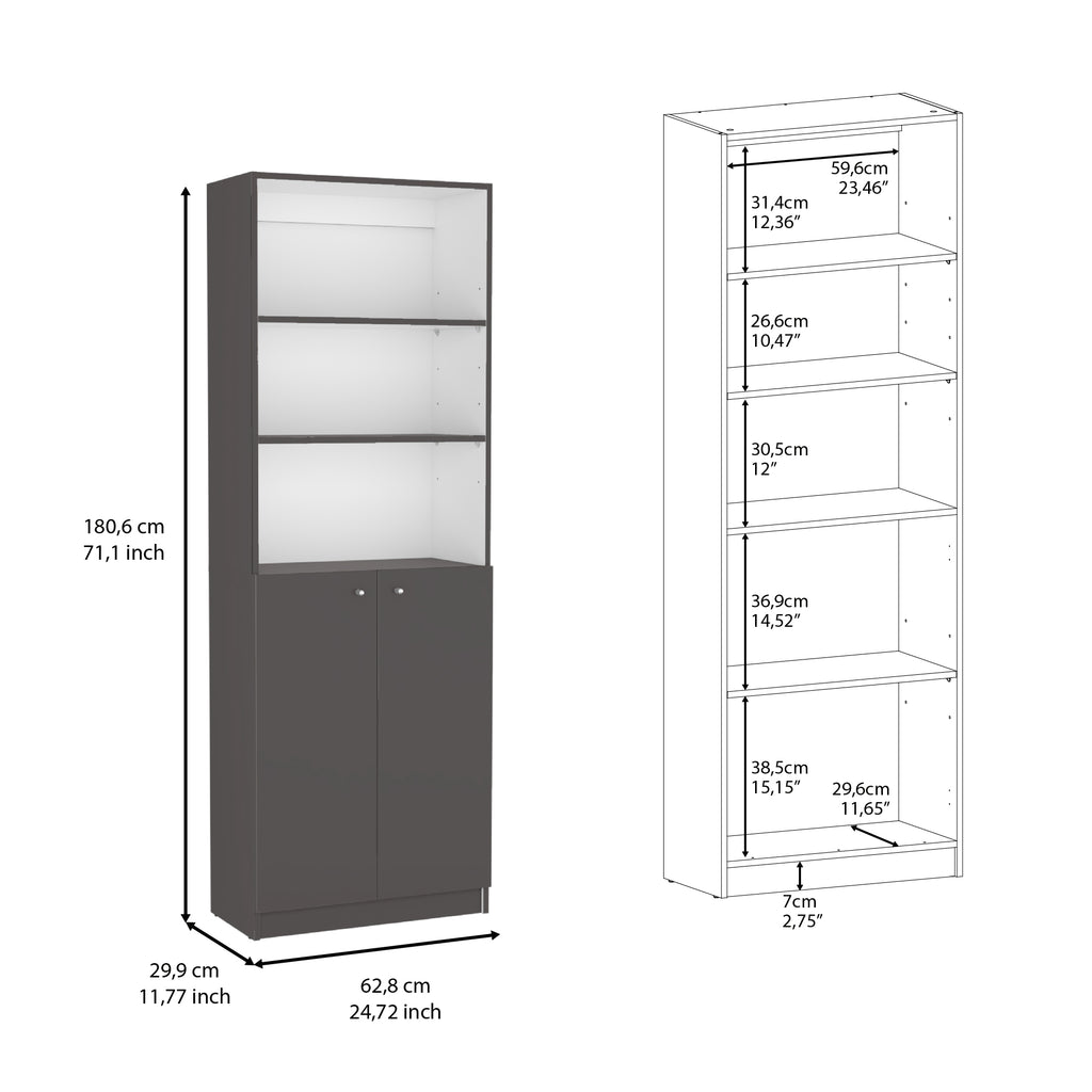 2-Door Bookcase with Upper Shelves, Matt Gray / White - Shop Quality Furniture at Grand Goldman