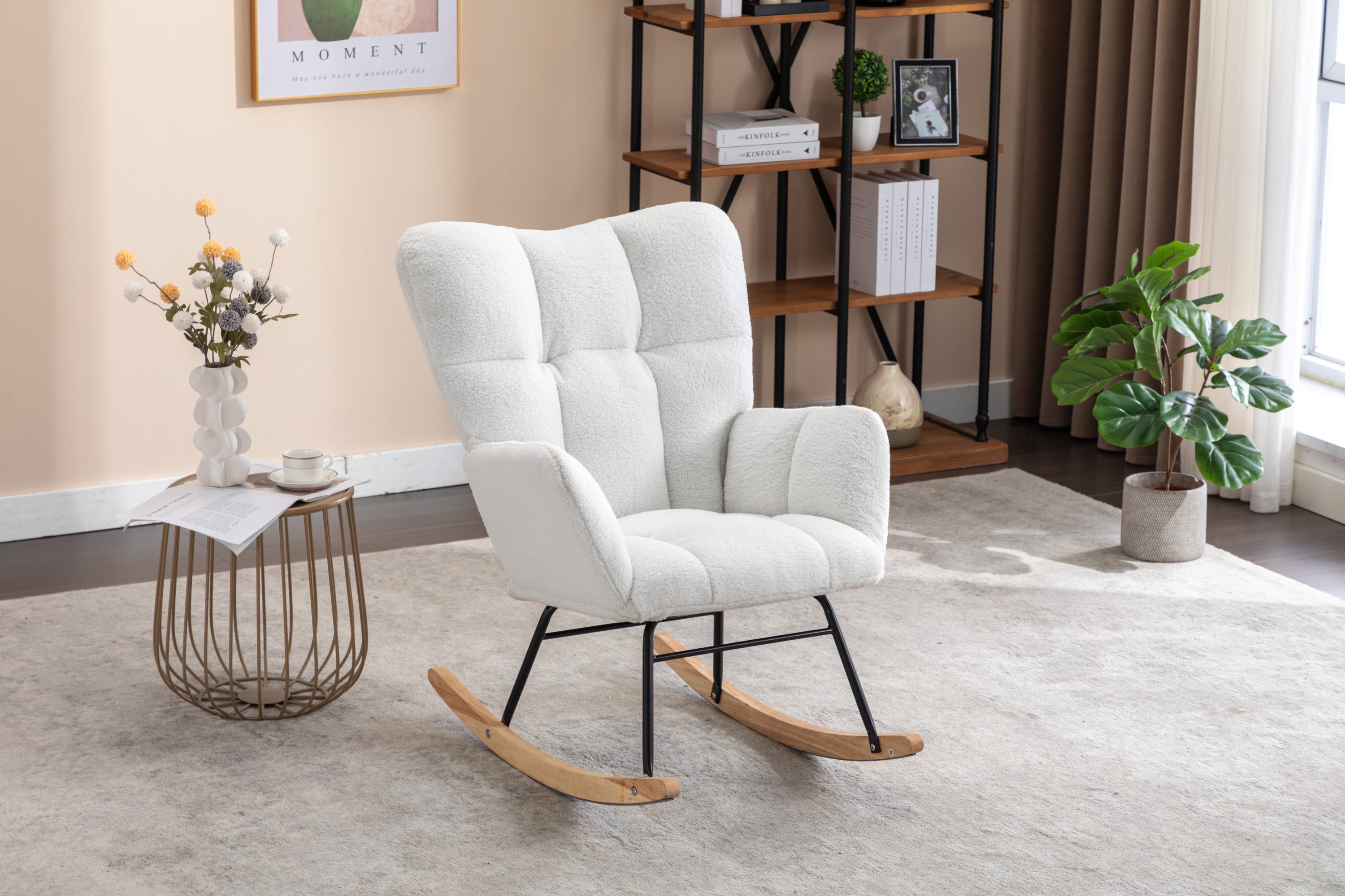 050-Teddy Fabric Rocking Gilder Nursery Chair For Living Room Indoor,Ivory - Grand Goldman Shop