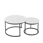 Nesting Coffee Table Set of 2, 27.6inch Round Wood Marble Pattern Top with Sturdy Metal Frame, White Living Room End Tables for Bedroom Balcony Yard - Grand Goldman Shop