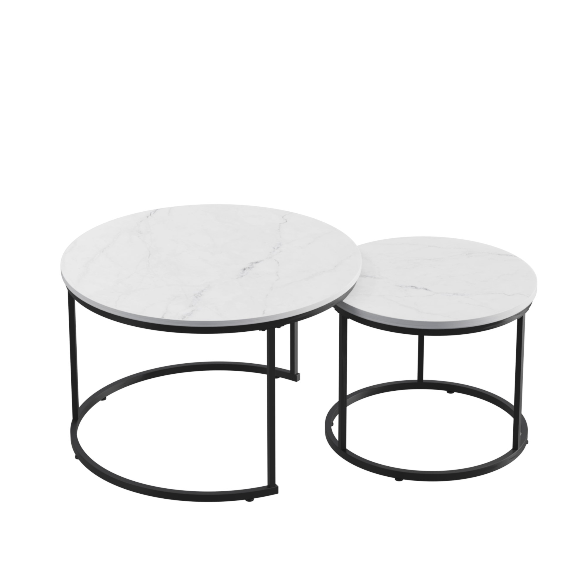Nesting Coffee Table Set of 2, 27.6inch Round Wood Marble Pattern Top with Sturdy Metal Frame, White Living Room End Tables for Bedroom Balcony Yard - Grand Goldman Shop