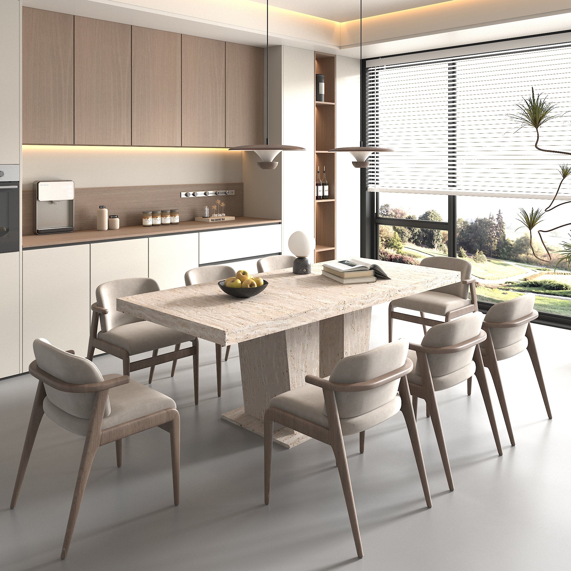 Rectangular extendable dining table, suitable for 6-10 people, with veined travertine pattern, dimensions 160-200 cm, simple and elegant. - Grand Goldman Shop