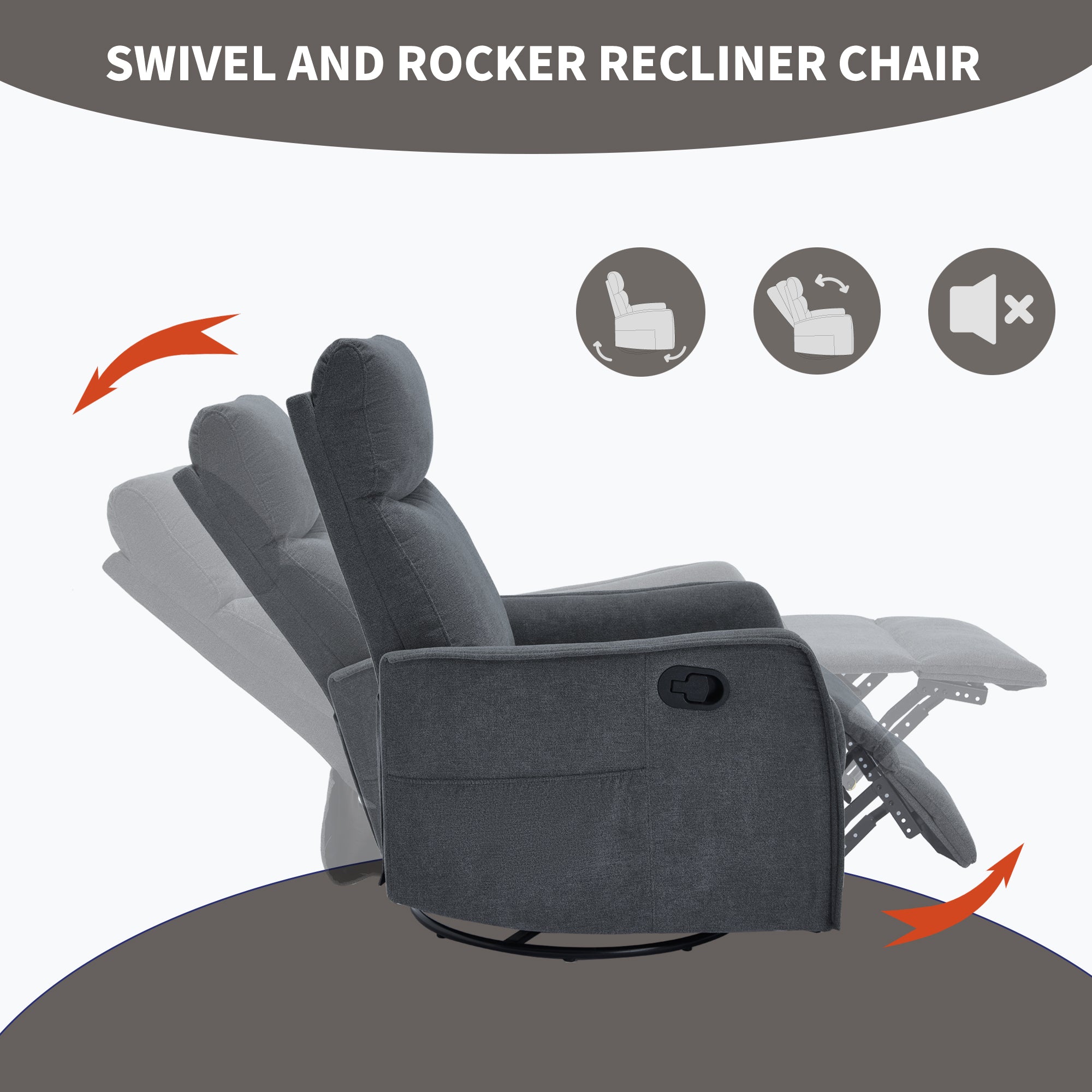 Heat Massage Manual Recliner Chair with Rocker and Swivel in Fabric for Living Room, Grey - Grand Goldman Shop