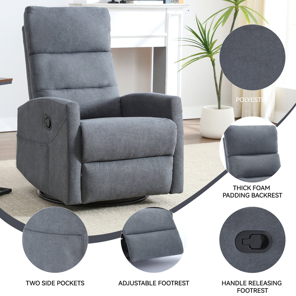 Manual Recliner Chair with Rocker and Swivel in Fabric for Living Room, Grey - Grand Goldman Shop