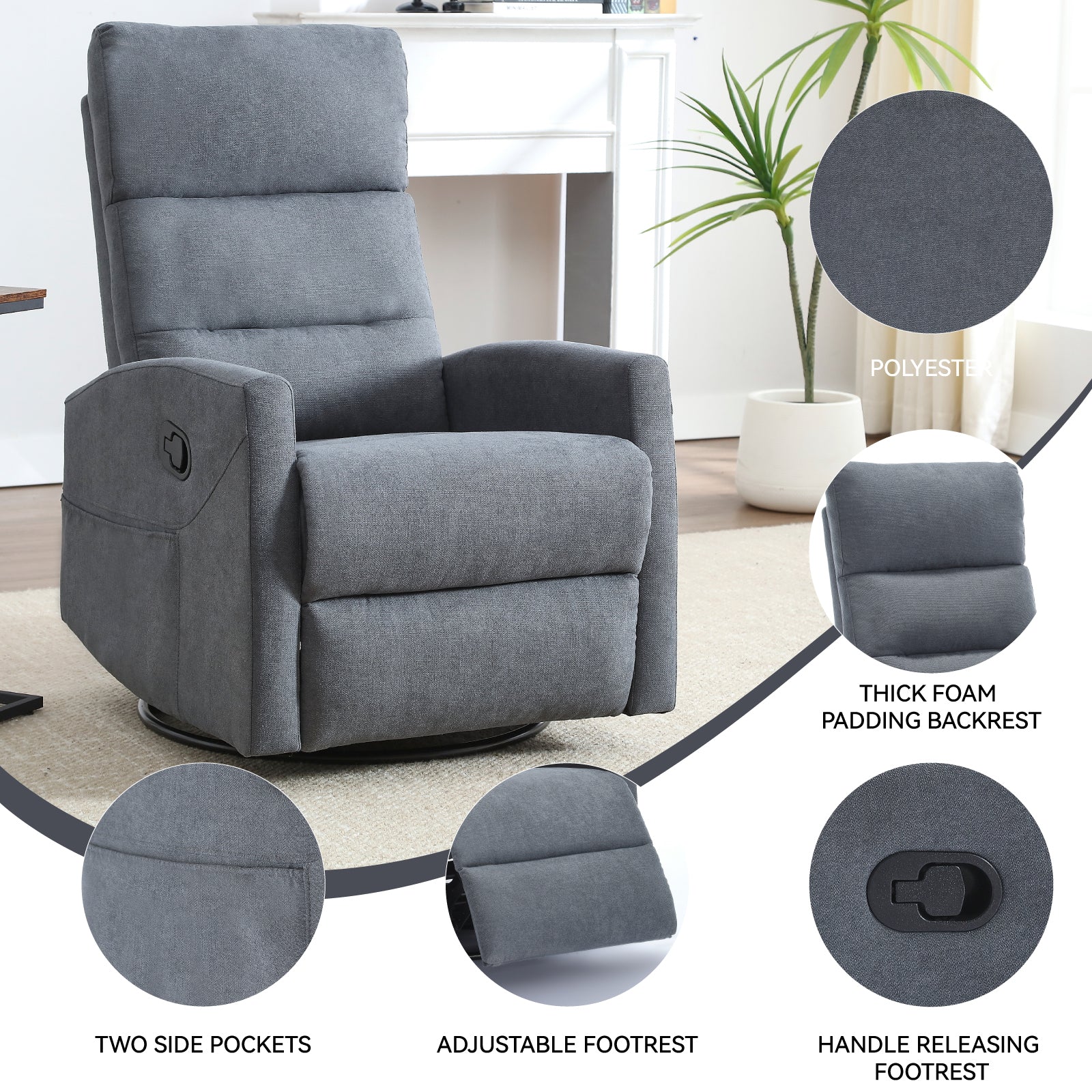 Manual Recliner Chair with Rocker and Swivel in Fabric for Living Room, Grey - Grand Goldman Shop
