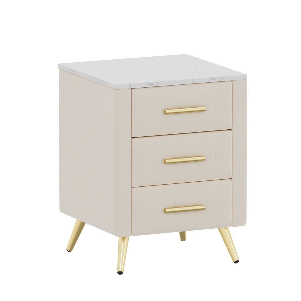 Upholstered Wooden Nightstand with 3 Drawers and Metal Legs&Handles, Bedside Table with Marbling Stickers Worktop - Beige - Grand Goldman Shop