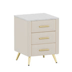 Upholstered Wooden Nightstand with 3 Drawers and Metal Legs&Handles, Bedside Table with Marbling Stickers Worktop - Beige - Grand Goldman Shop
