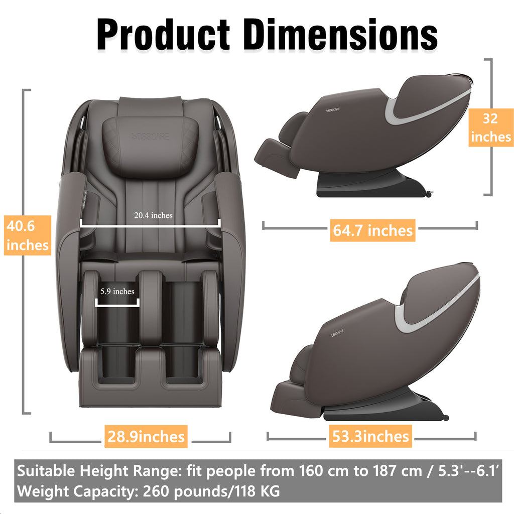 BOSSCARE Massage Chair Recliner with Zero Gravity, Full Body Airbag Massage Chair with Bluetooth Speaker, Foot Roller Brown - Grand Goldman Shop
