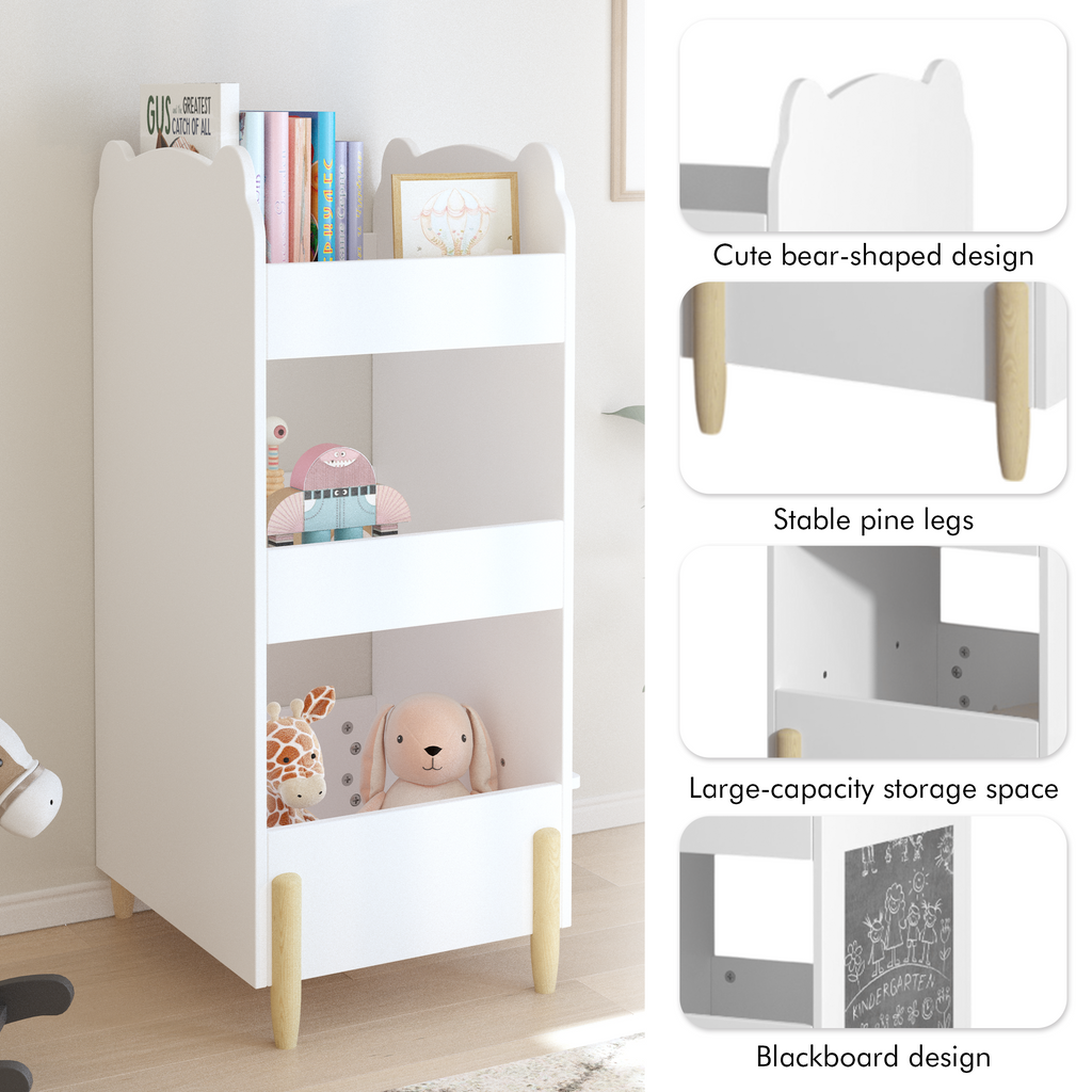 Kids Bookshelf with Chalkboard Side – Bear-Shaped Wooden Bookcase with 3-Tier Storage, Drawing Board for Toddlers, Toy and Bo