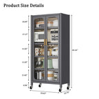 65'  Metal 6-Tier Storage Cabinet with Transparent Door, Adjustable Shelves & Wheels, for Kitchen Pantry Organization, Gray Metal - Grand Goldman Shop