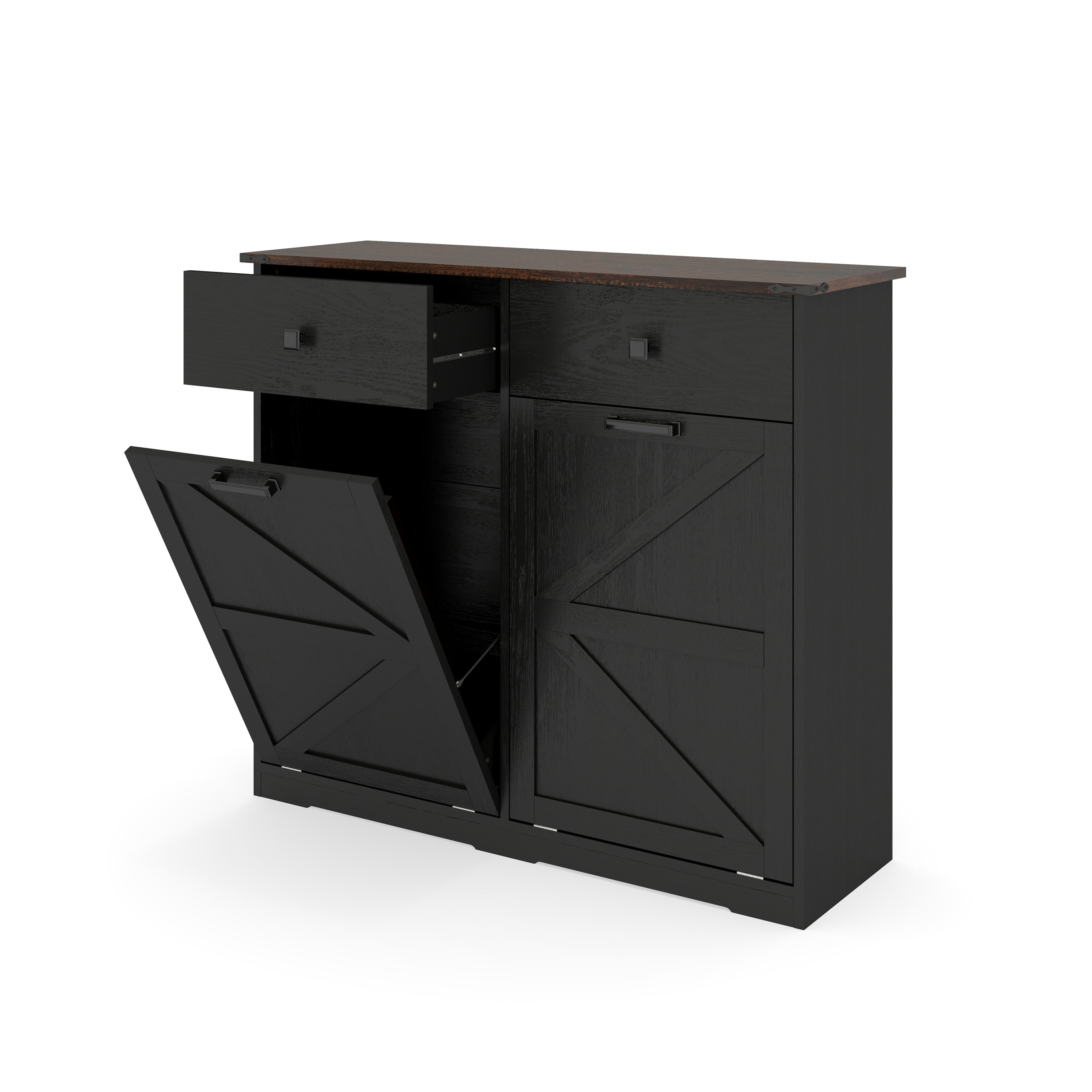 Farmhouse Black Double Tilt Out Trash Cabinet with Hideaway Drawer and Barn Door Style, Engineered Wood, 39.3''×13''×34.45'' - Grand Goldman Shop