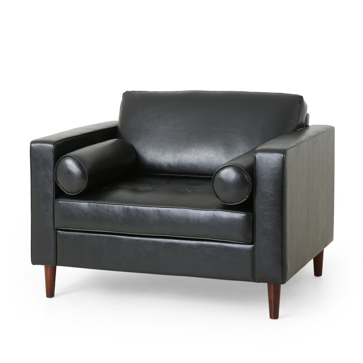 Sophisticated Faux Leather Club Chair with Birch Wood Legs in Black, 44.75 x 33.25 x 33.50 inches - Grand Goldman Shop
