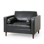 Sophisticated Faux Leather Club Chair with Birch Wood Legs in Black, 44.75 x 33.25 x 33.50 inches - Grand Goldman Shop