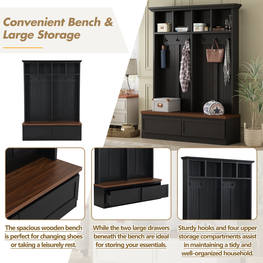 Farmhouse 4-in-1 Hall Tree with Wood Grain Bench, Mudroom Versatile Coat Rack with 2 Large Drawer, Entrance Organizer for Hallway, Living Room, Black, 55.9'W (OLD SKU: N721P313099B) - Grand Goldman Shop