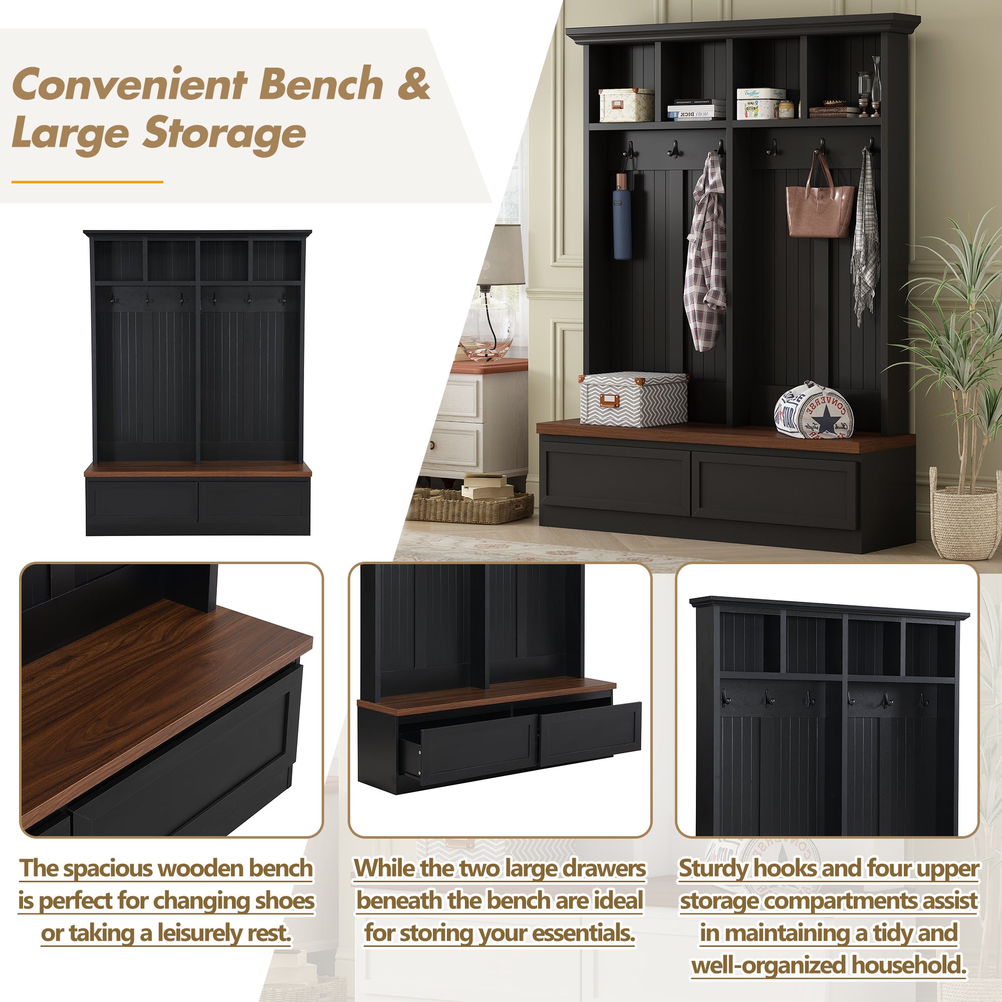 Farmhouse 4-in-1 Hall Tree with Wood Grain Bench, Mudroom Versatile Coat Rack with 2 Large Drawer, Entrance Organizer for Hallway, Living Room, Black, 55.9'W (OLD SKU: N721P313099B) - Grand Goldman Shop