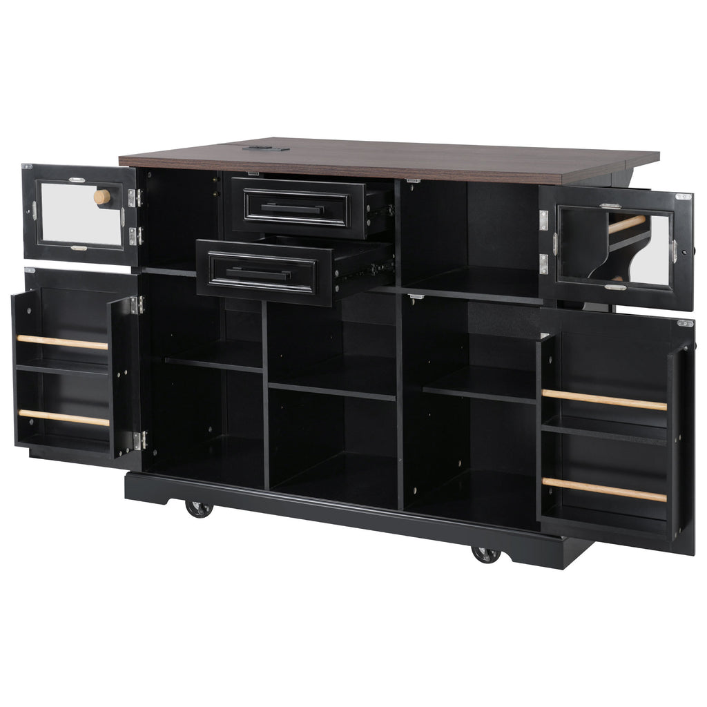 K&K 54.9' Kitchen Island with Drop Leaf, Power Outlet, Kitchen Storage Cart with 4 Door Shelves, Cross Barn Doors & Visual Glass Door, Rolling Kitchen Island on 4 Wheels for Kitchen, Dining Room,Black - Grand Goldman Shop
