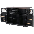K&K 54.9' Kitchen Island with Drop Leaf, Power Outlet, Kitchen Storage Cart with 4 Door Shelves, Cross Barn Doors & Visual Glass Door, Rolling Kitchen Island on 4 Wheels for Kitchen, Dining Room,Black - Grand Goldman Shop