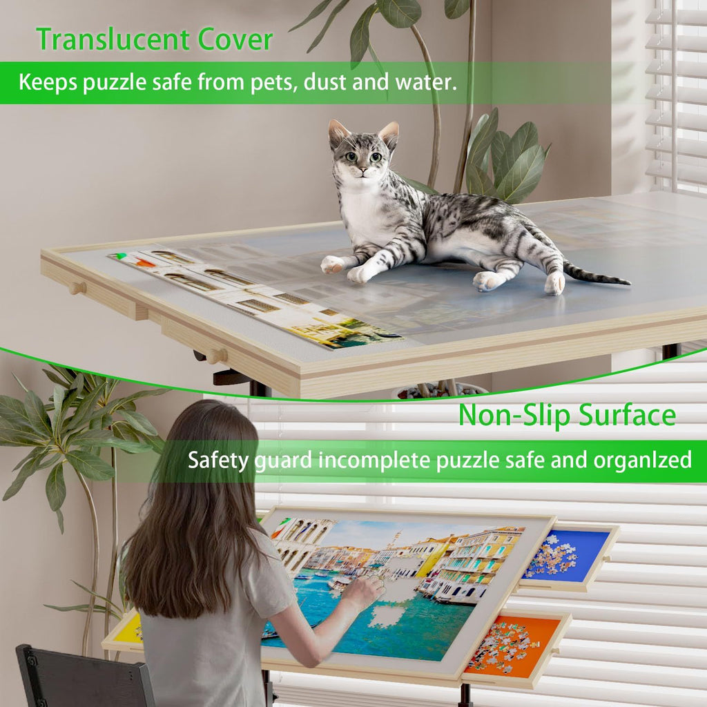 Wooden 1500 Pieces Puzzle Table with Drawer, 35'*27.17' Adjustable Puzzle Table, 360° Tilting Puzzle Table with Legs and Whee
