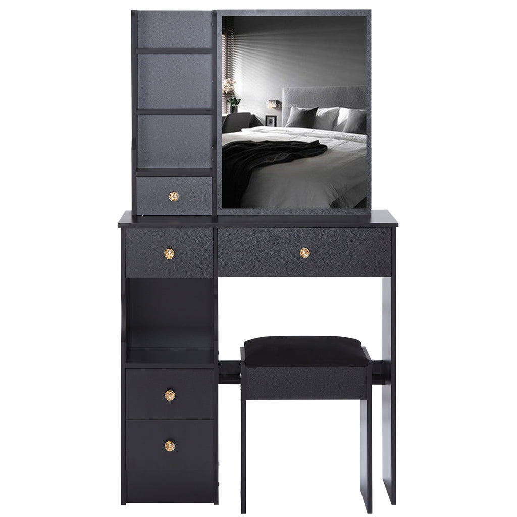 29.2' Small Space Left Drawer Desktop Vanity Table + Cushioned Stool, Extra Large Right sliding mirror, Multi Layer High Capacity Storage, Practical Fashionable Dresser, Suitable For Small Space - Grand Goldman Shop