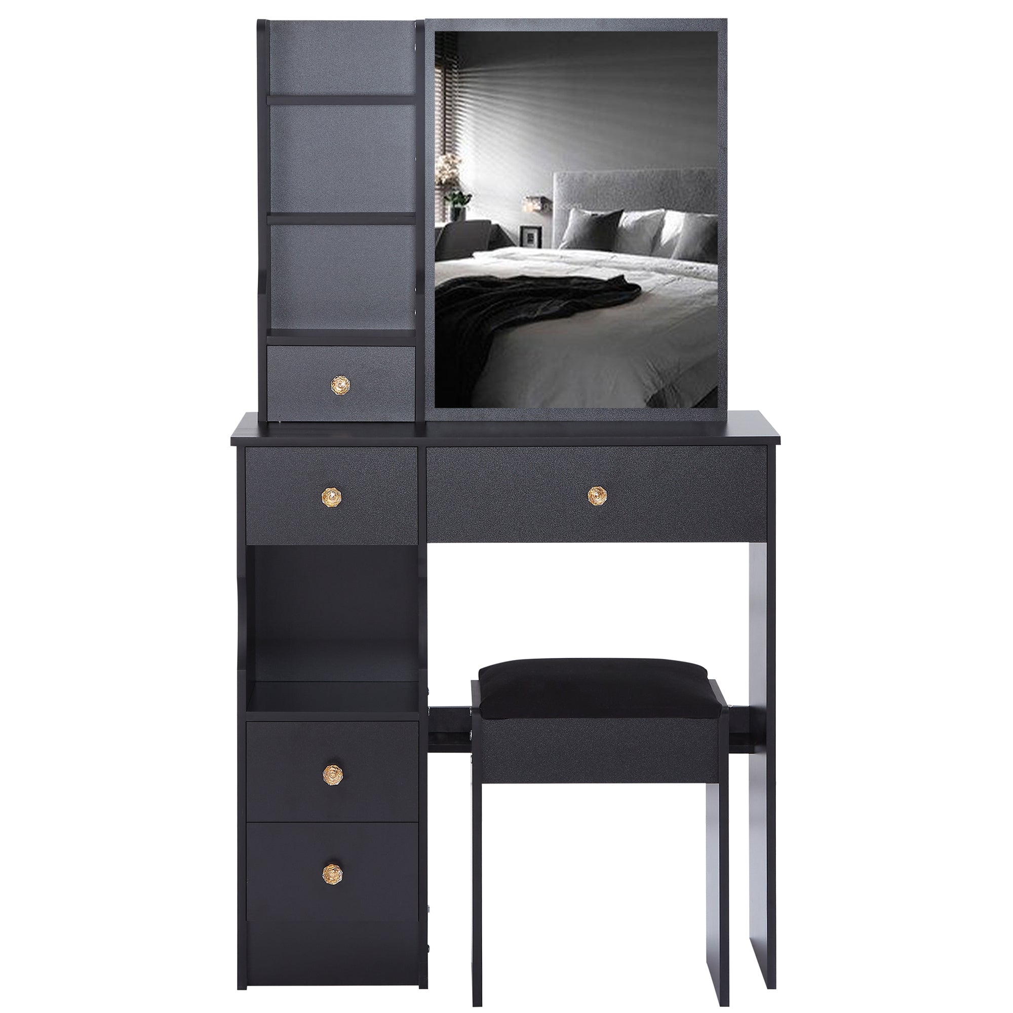 29.2' Small Space Left Drawer Desktop Vanity Table + Cushioned Stool, Extra Large Right sliding mirror, Multi Layer High Capacity Storage, Practical Fashionable Dresser, Suitable For Small Space - Grand Goldman Shop