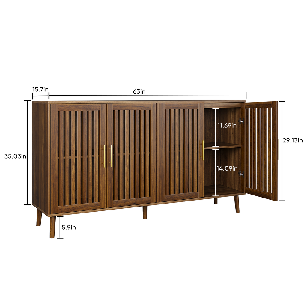 63 inch Grille-Striped Walnut Sideboard Buffet Cabinet with Storage, Multifunctional Accent for Dining Room, Living Room - Grand Goldman Shop