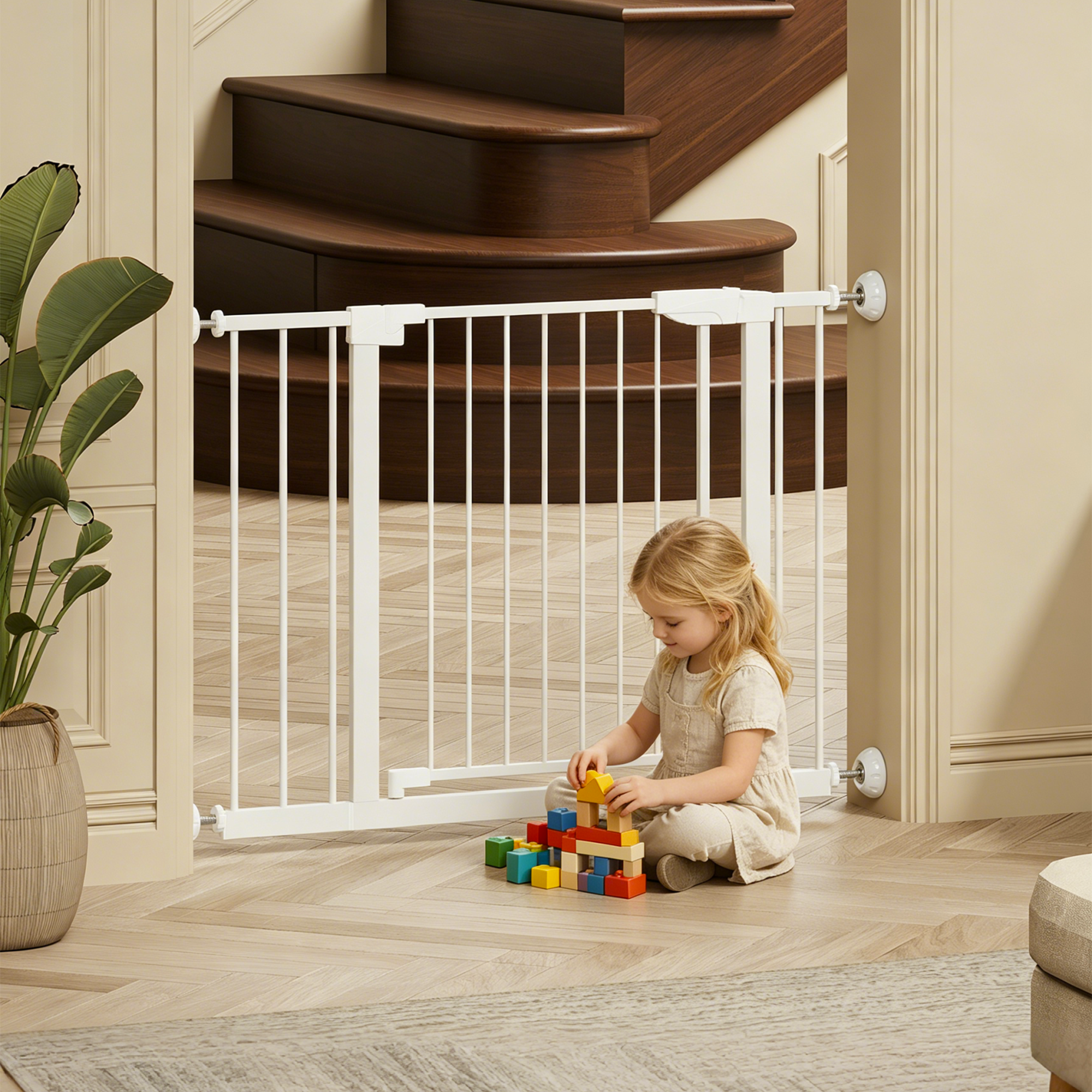 Stylish 29.5-45.3' Wide Baby Gate with wall protector for Stairs, Dog Gate Indoor for Doorways, No Drilling Pressure Mounted 