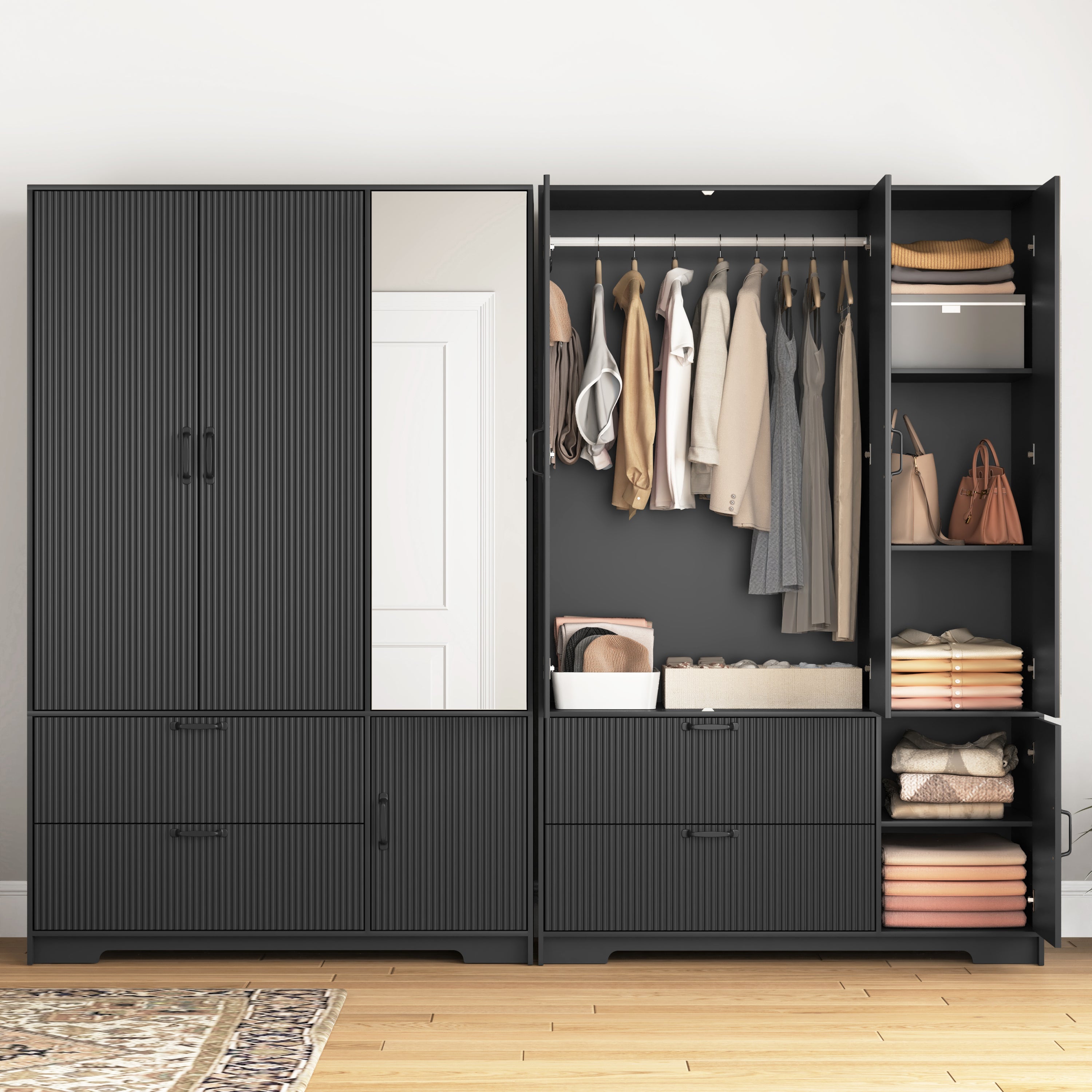 4 Doors Wardrobe Closet with Mirror, LED Wardrobe with Doors and 2 Drawers, Wooden Wardrobe Storage Cabinet with Hanging Rod, Adjustable Shelves, Black - Grand Goldman Shop